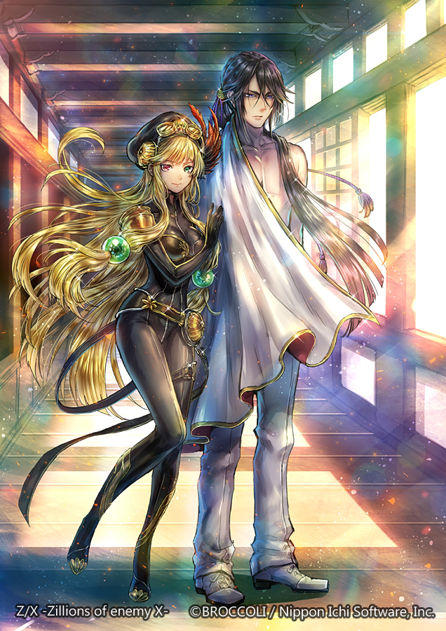 poshii (posy), gandiva (z/x), z/x, official art, 1boy, 1girl, armor, black bodysuit, black gloves, black hair, black hat, blonde hair, bodysuit, copyright notice, gloves, goggles, goggles on headwear, green eyes, hair ornament, hat, heterochromia, indoors, low ponytail, miyakonojo izumo, pants, ponytail, purple eyes, red eyes, shoes, shoulder armor, white pants, white shoes