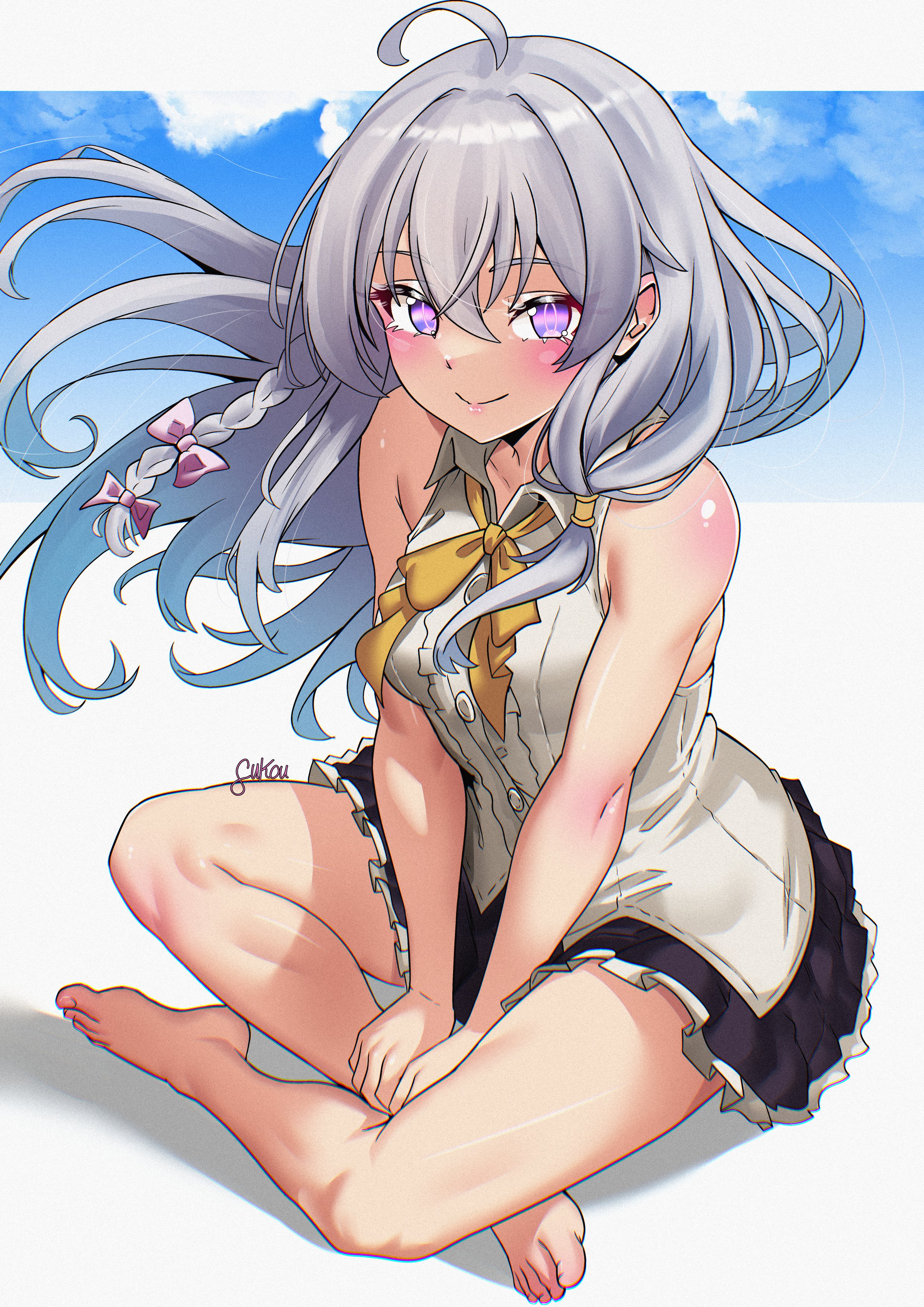 fukou, elaina (majo no tabitabi), majo no tabitabi, absurdres, commentary, highres, 1girl, ahoge, bare shoulders, barefoot, black skirt, breasts, feet, indian style, long hair, looking at viewer, purple eyes, shirt, sitting, skirt, small breasts, smile, solo, toes, white hair, white shirt
