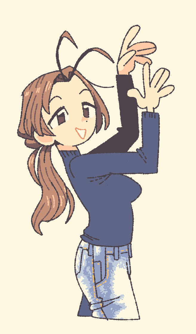 farfinfarfin, original, 1girl, blue pants, breasts, brown eyes, brown hair, cropped legs, denim, from side, jeans, looking at viewer, medium breasts, pants, ponytail, solo, sweater, turtleneck, turtleneck sweater