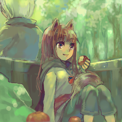 ame yamori, craft lawrence, holo, spice and wolf, lowres, 00s, 1boy, 1girl, animal ears, apple, back-to-back, eating, food, fruit, oekaki, sitting, smile, tail, wolf ears, wolf tail