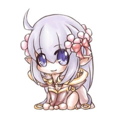 lunaraven, sage (ragnarok online), ragnarok online, commentary request, lowres, 1girl, ahoge, blush, bow, brown sleeves, chibi, closed mouth, detached sleeves, flower, full body, grey hair, hair bow, hair flower, hair ornament, leaning forward, long hair, looking at viewer, pink bow, pink flower, pointy ears, purple eyes, seiza, simple background, sitting, smile, solo, white background