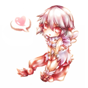 lunaraven, pekeko (pepekekeko), wanderer (ragnarok online), ragnarok online, artist collaboration, commentary request, lowres, 1girl, :o, bikini, blush, chibi, full body, grey hair, heart, looking at viewer, low twintails, open mouth, red eyes, red hair, short hair, short twintails, simple background, solo, spoken heart, swimsuit, twintails, white background, white bikini