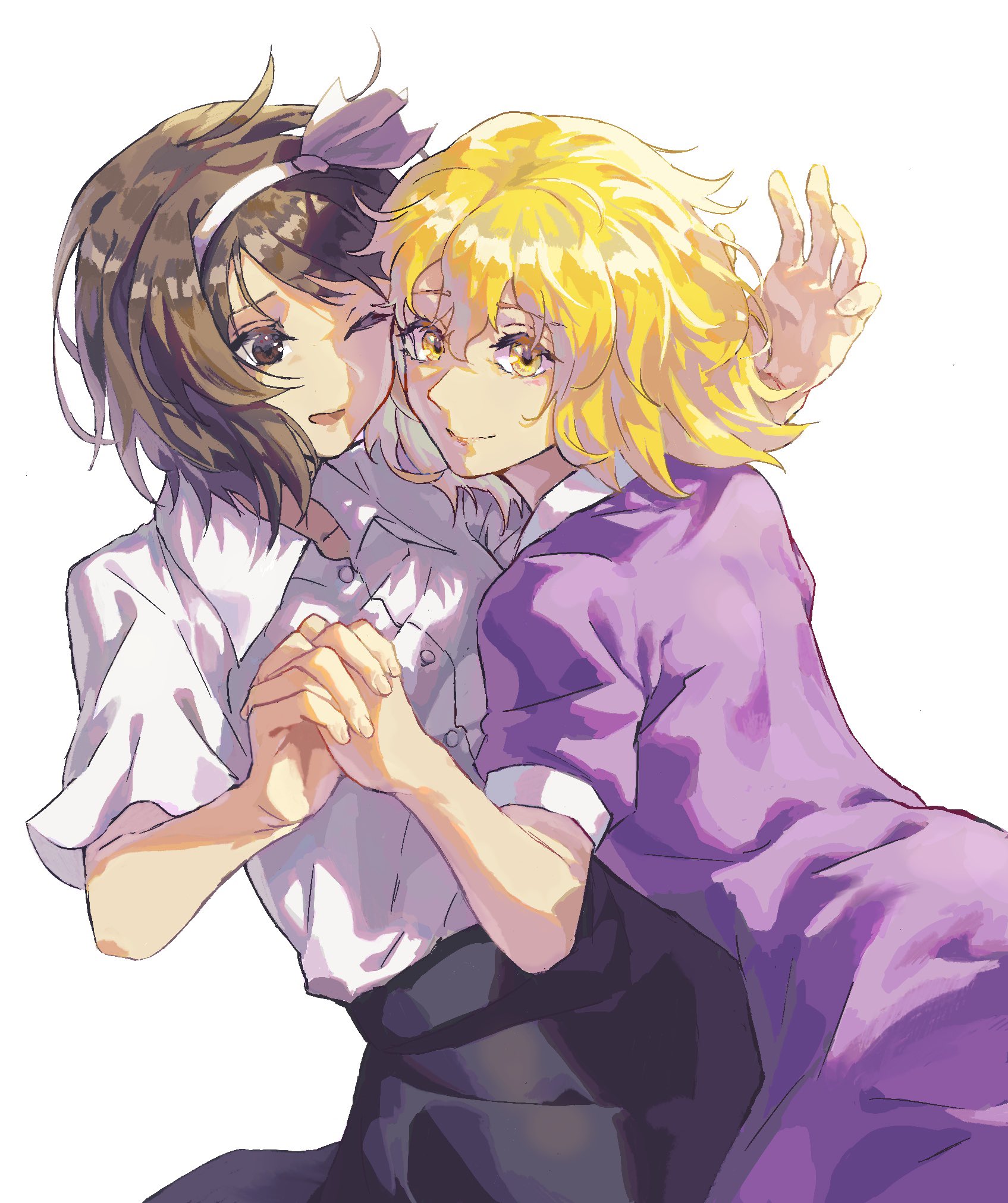 bababa, maribel hearn, usami renko, dateless bar "old adam", touhou, commentary request, highres, 2girls, black skirt, blonde hair, brown eyes, brown hair, collared dress, collared shirt, cowboy shot, dress, hairband, hand up, holding hands, interlocked fingers, looking at another, looking at viewer, multiple girls, no headwear, one eye closed, open mouth, purple dress, shirt, short sleeves, simple background, skirt, smile, turning head, white background, white hairband, white shirt, yellow eyes