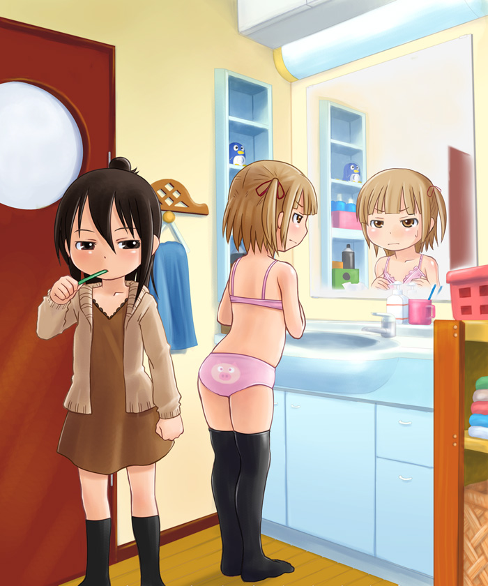 houman, marui hitoha, marui mitsuba, mitsudomoe (manga), 2girls, ass, bathroom, black hair, black socks, bra, brown eyes, brown hair, brushing teeth, feet, hair bun, hair ribbon, kneehighs, lingerie, loli, midriff, mirror, multiple girls, panties, print panties, ribbon, short hair, single hair bun, sink, socks, thighhighs, toothbrush, twintails, underwear, underwear only