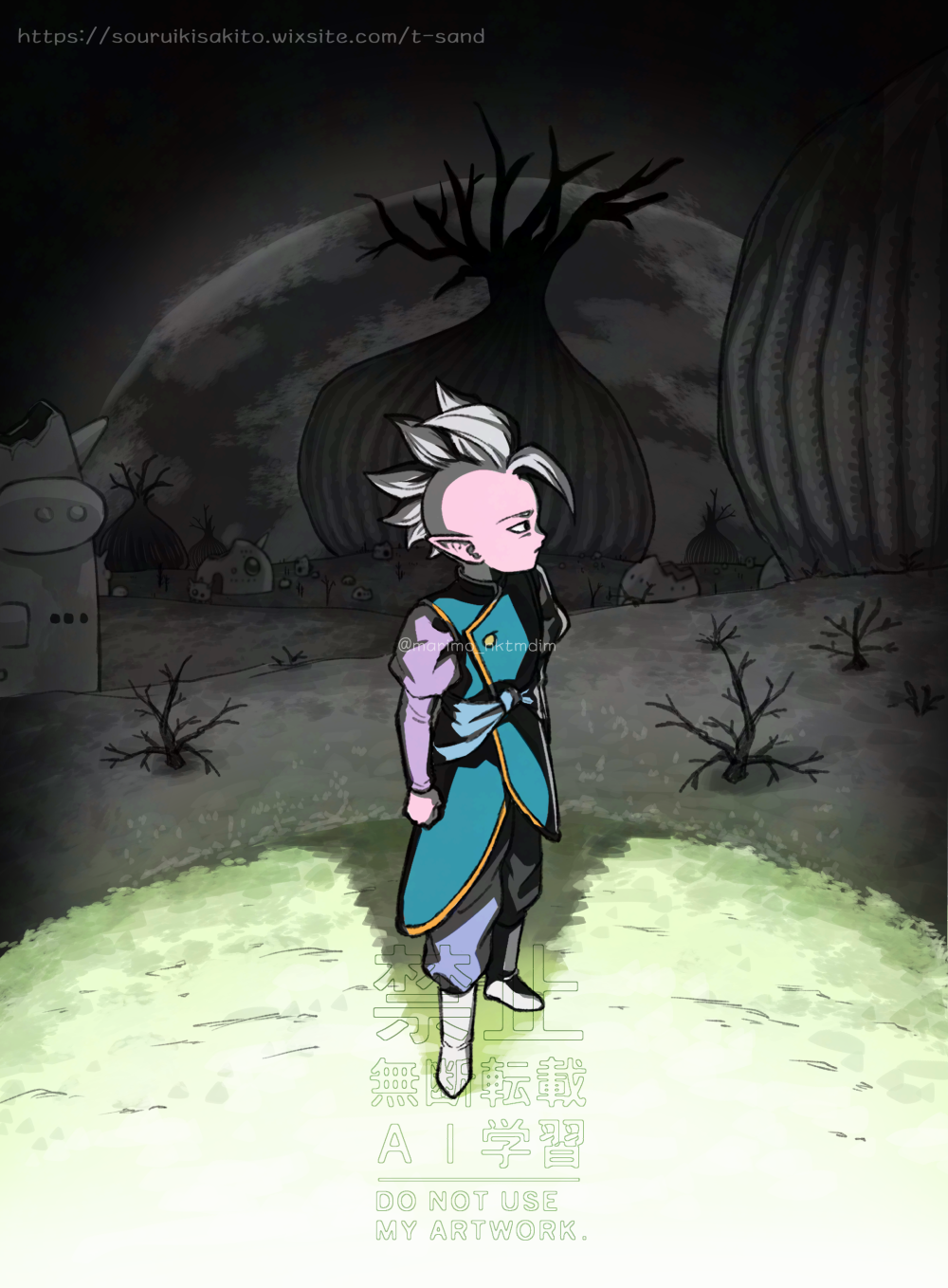 kisakitouge mari, shin (dragon ball), dragon ball, dragon ball daima, commentary request, highres, 1boy, bare tree, black eyes, blue pants, blue vest, boots, building, colored skin, dark, full body, grass, long sleeves, looking to the side, male focus, mohawk, outdoors, pants, parted lips, pink skin, plant, pointy ears, profile, puffy long sleeves, puffy sleeves, purple shirt, ruins, shirt, short hair, solo, spiked hair, standing, tree, vest, watermark, web address, white boots, white hair