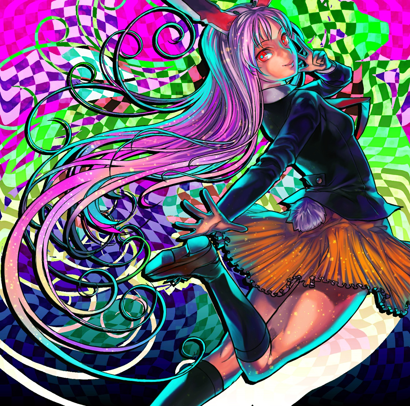 xero, reisen udongein inaba, touhou, highres, 1girl, animal ears, female focus, long hair, purple hair, rabbit ears, rabbit girl, rabbit tail, red eyes, solo, tail