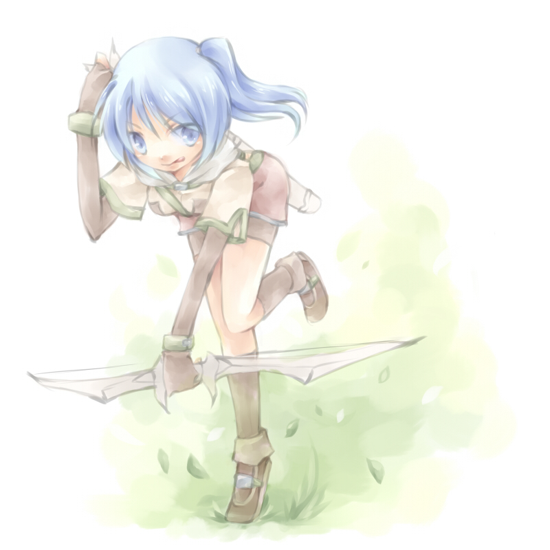 lunaraven, hunter (ragnarok online), ragnarok online, commentary request, 1girl, :p, bent over, blue eyes, blue hair, blush, bow (weapon), brown gloves, brown shoes, brown shorts, brown skirt, brown socks, closed mouth, elbow gloves, fingerless gloves, full body, gloves, grass, holding, holding bow (weapon), holding weapon, jacket, leaning forward, looking at viewer, miniskirt, one side up, quiver, shoes, short hair, short shorts, short sleeves, shorts, shorts under skirt, skirt, smile, socks, solo, tongue, tongue out, weapon, white background, white jacket