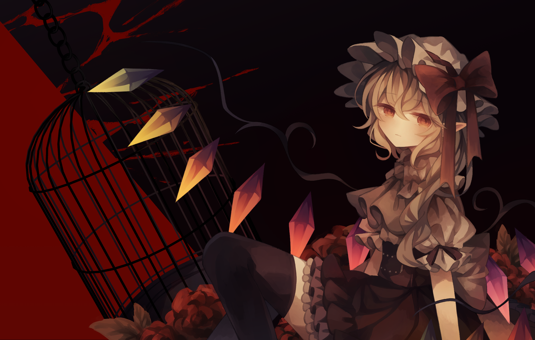 utsuro (kz hokuto), flandre scarlet, touhou, highres, 1girl, black thighhighs, blonde hair, bow, bowtie, cage, crystal, crystal wings, dress, flower, frilled dress, frilled skirt, frills, gothic lolita, headgear, lolita fashion, red bow, red bowtie, red eyes, red flower, red rose, rose, short hair, skirt, thighhighs, wings