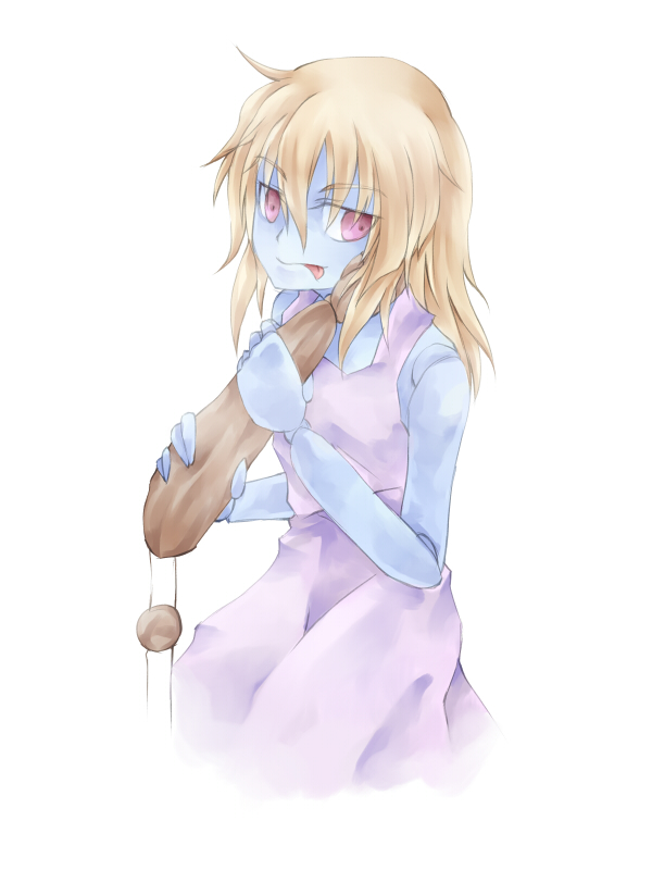 lunaraven, marionette (ragnarok online), ragnarok online, commentary request, 1girl, :p, blonde hair, blue skin, closed mouth, colored skin, cowboy shot, doll joints, dress, joints, long hair, looking at viewer, messy hair, pink eyes, purple dress, simple background, smile, solo, sundress, tongue, tongue out, white background