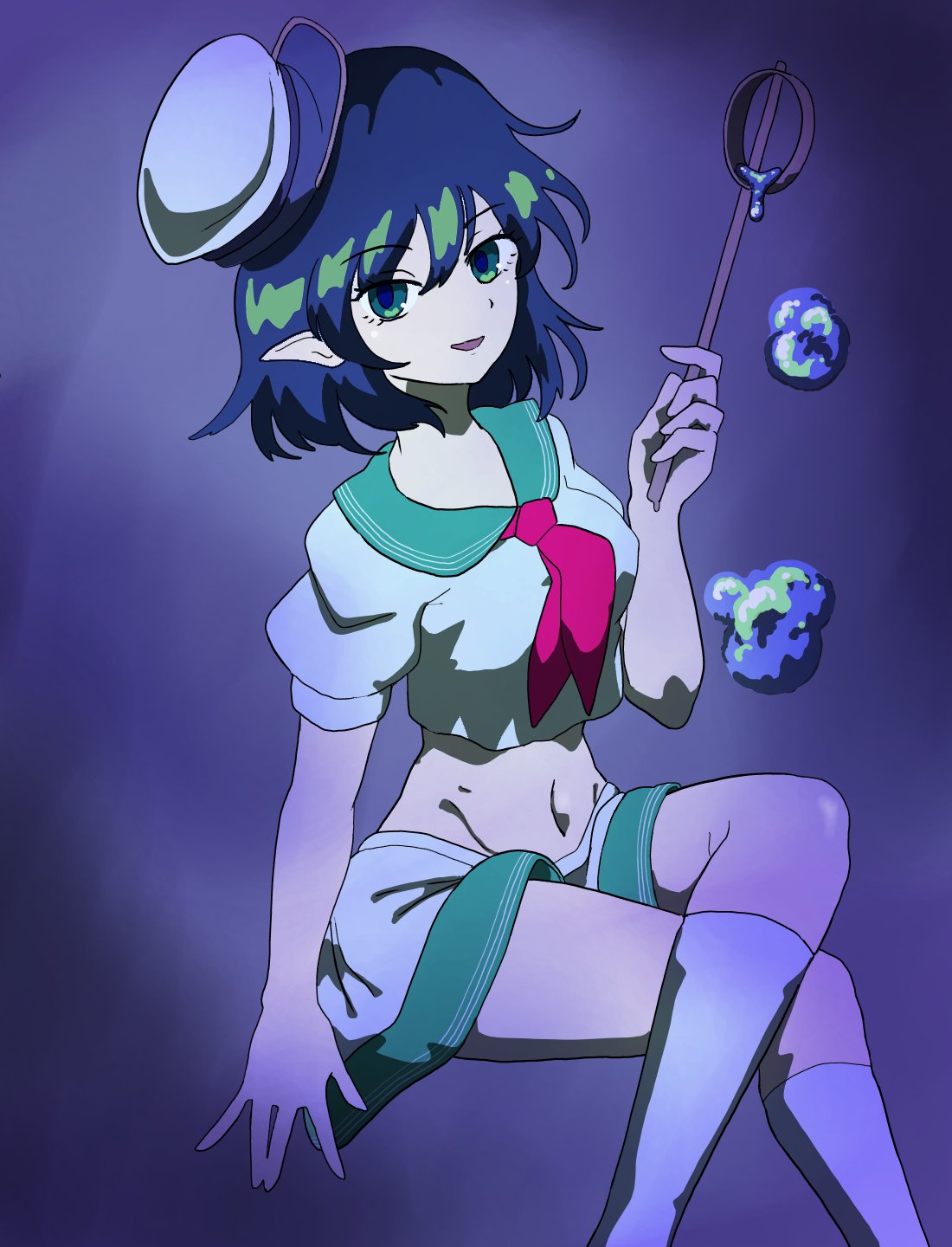 murasa minamitsu, touhou, highres, 1girl, air bubble, black hair, bubble, collared shirt, crossed legs, feet out of frame, gradient background, green eyes, hat, holding, holding ladle, kneehighs, ladle, looking at viewer, midriff, navel, neckerchief, pointy ears, red neckerchief, sailor hat, shirt, short hair, short sleeves, shorts, sideways hat, simple background, sirmon, sitting, smile, socks, solo, white shirt, white shorts, white socks