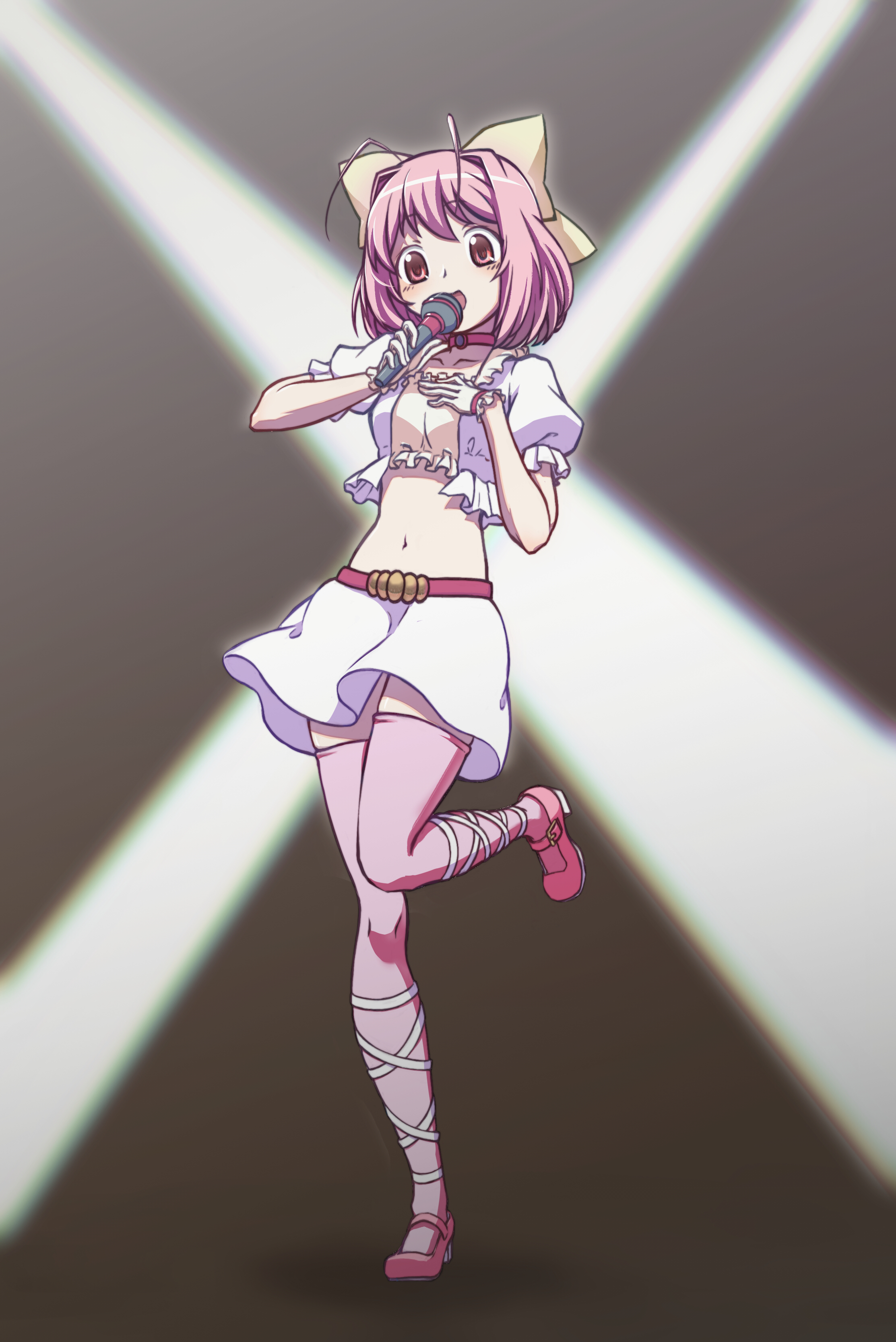 kuon iki, nakagawa kanon, kami nomi zo shiru sekai, absurdres, commentary, highres, 1girl, :d, antenna hair, bandeau, belt, belt buckle, blush, bow, breasts, buckle, choker, collarbone, crop top, cropped shirt, frilled bandeau, frilled shirt, frills, full body, gloves, grey background, hair bow, hair intakes, hand on own chest, hands up, head tilt, holding, holding microphone, large bow, leg ribbon, leg up, looking at viewer, medium breasts, medium hair, microphone, miniskirt, music, navel, open clothes, open mouth, open shirt, pink belt, pink choker, pink hair, pink shoes, pink thighhighs, puffy short sleeves, puffy sleeves, raised eyebrows, red eyes, ribbon, shirt, shoes, short sleeves, singing, skirt, smile, solo, spotlight, standing, standing on one leg, stomach, thighhighs, white gloves, white shirt, white skirt, yellow bandeau, yellow bow, zettai ryouiki