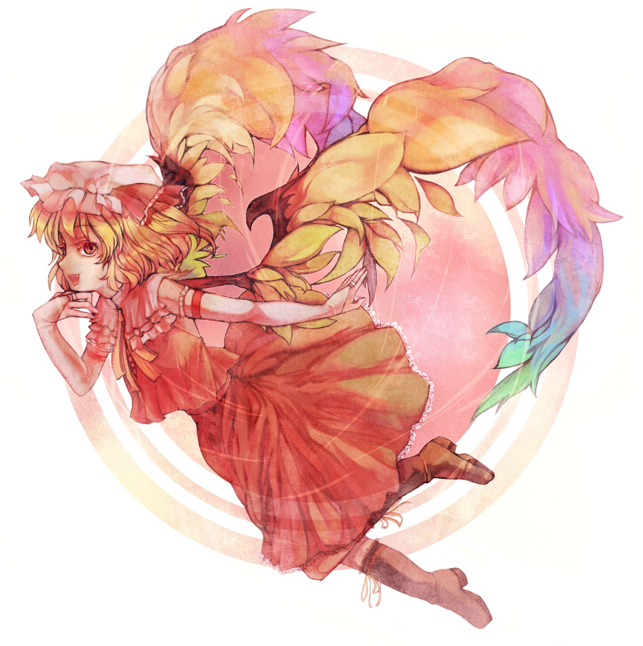 xero, flandre scarlet, touhou, highres, 1girl, alternate wings, blonde hair, boots, brown boots, female focus, hat, mob cap, red eyes, ribbon, short hair, solo, white hat, wings