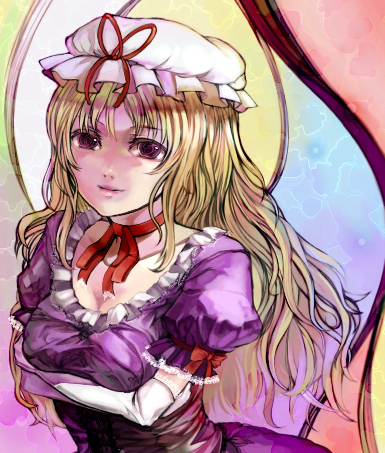 xero, yakumo yukari, touhou, 1girl, blonde hair, breasts, female focus, gradient background, hat, long hair, purple eyes, ribbon, solo