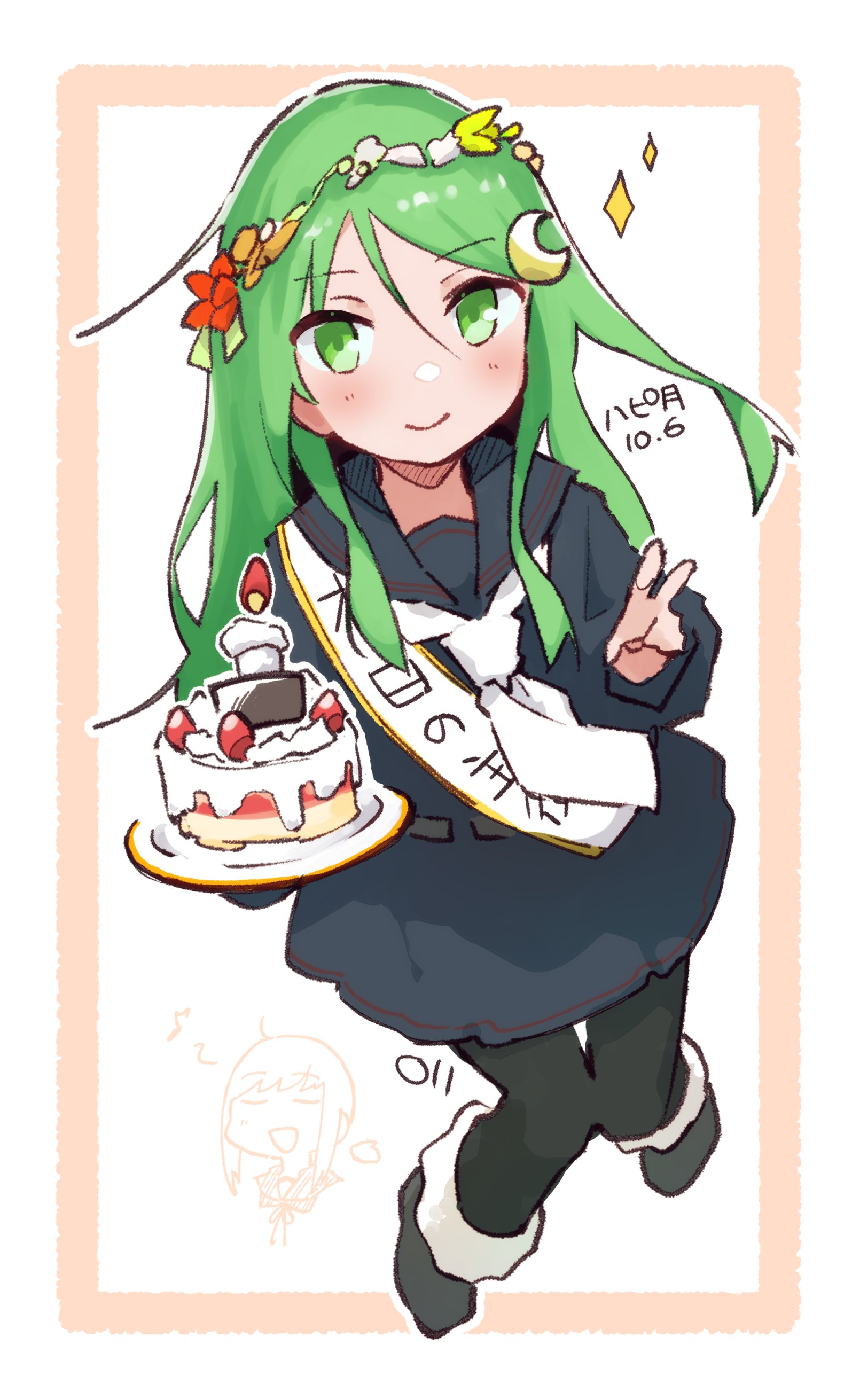 ma rukan, fubuki (kancolle), nagatsuki (kancolle), kantai collection, absurdres, commentary request, highres, translation request, 2girls, belt, black boots, black pantyhose, black sailor collar, black serafuku, black shirt, black skirt, blush, boots, cake, dated, double-parted bangs, food, full body, green eyes, green hair, hair between eyes, happy birthday, head wreath, holding, holding cake, holding food, long hair, long sleeves, looking at viewer, multiple girls, neckerchief, orange background, outline, pantyhose, pleated skirt, sailor collar, sash, school uniform, serafuku, shirt, sidelocks, signature, skirt, smile, solo focus, strawberry shortcake, v, white background, white neckerchief, white outline