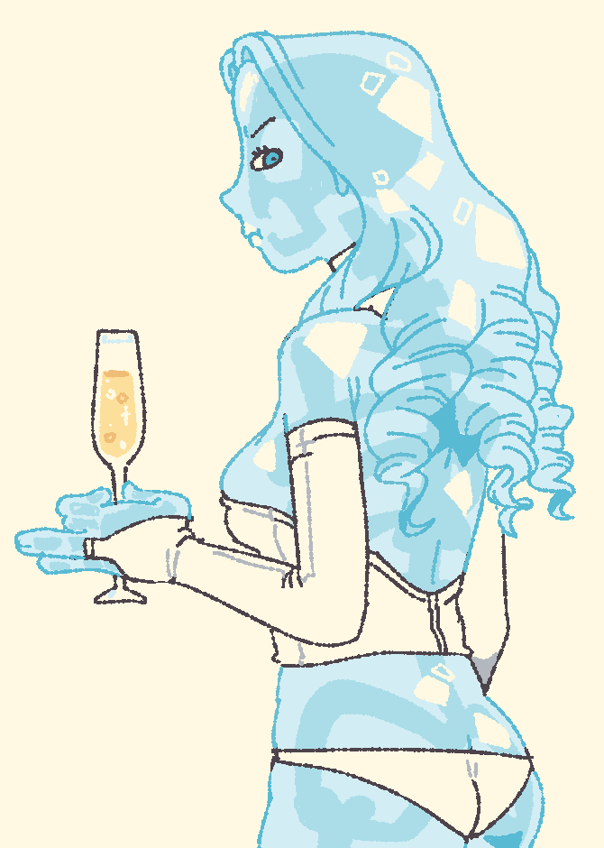 farfinfarfin, emma frost, marvel, x-men, commentary, english commentary, 1girl, ass, blue hair, blue skin, breasts, bridal gauntlets, butt crack, champagne flute, colored skin, cup, drill hair, drinking glass, glass, holding, holding cup, leotard, lowleg, lowleg panties, medium breasts, panties, pout, solo, strapless, strapless leotard, underwear, upper body, white bridal gauntlets, white panties