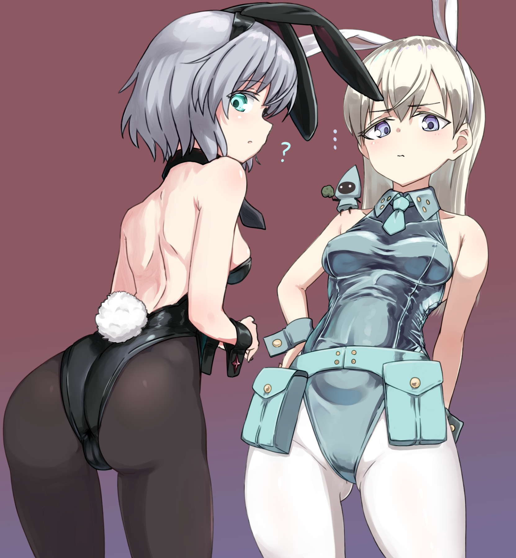 zafuri (yzrnegy), christmas elf, eila ilmatar juutilainen, sanya v. litvyak, strike witches, world witches series, highres, 2girls, ?, alternate costume, animal ears, back, bare shoulders, black leotard, black necktie, black pantyhose, blue eyes, blue leotard, blue necktie, breasts, brown background, fake animal ears, feet out of frame, grey hair, leotard, long hair, looking at viewer, looking back, medium breasts, multiple girls, necktie, pantyhose, playboy bunny, rabbit ears, rabbit girl, rabbit tail, short hair, simple background, standing, tail, white hair, white pantyhose, wrist cuffs