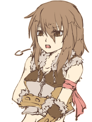 lunaraven, sniper (ragnarok online), ragnarok online, commentary request, lowres, 1girl, armband, breasts, brown eyes, brown hair, brown shirt, cleavage, fur-trimmed shirt, fur trim, grey shirt, hair between eyes, long bangs, long hair, medium breasts, multicolored shirt, navel, open mouth, puff of air, shirt, simple background, sleeveless, sleeveless shirt, solo, upper body, white background