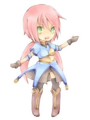 lunaraven, archer (ragnarok online), ragnarok online, commentary request, lowres, 1girl, black thighhighs, blue shirt, blush, boots, breasts, brown boots, brown gloves, brown skirt, chibi, full body, gloves, green eyes, long hair, looking at viewer, low twintails, muneate, open mouth, pink hair, shirt, simple background, skirt, small breasts, smile, solo, standing, thighhighs, twintails, white background