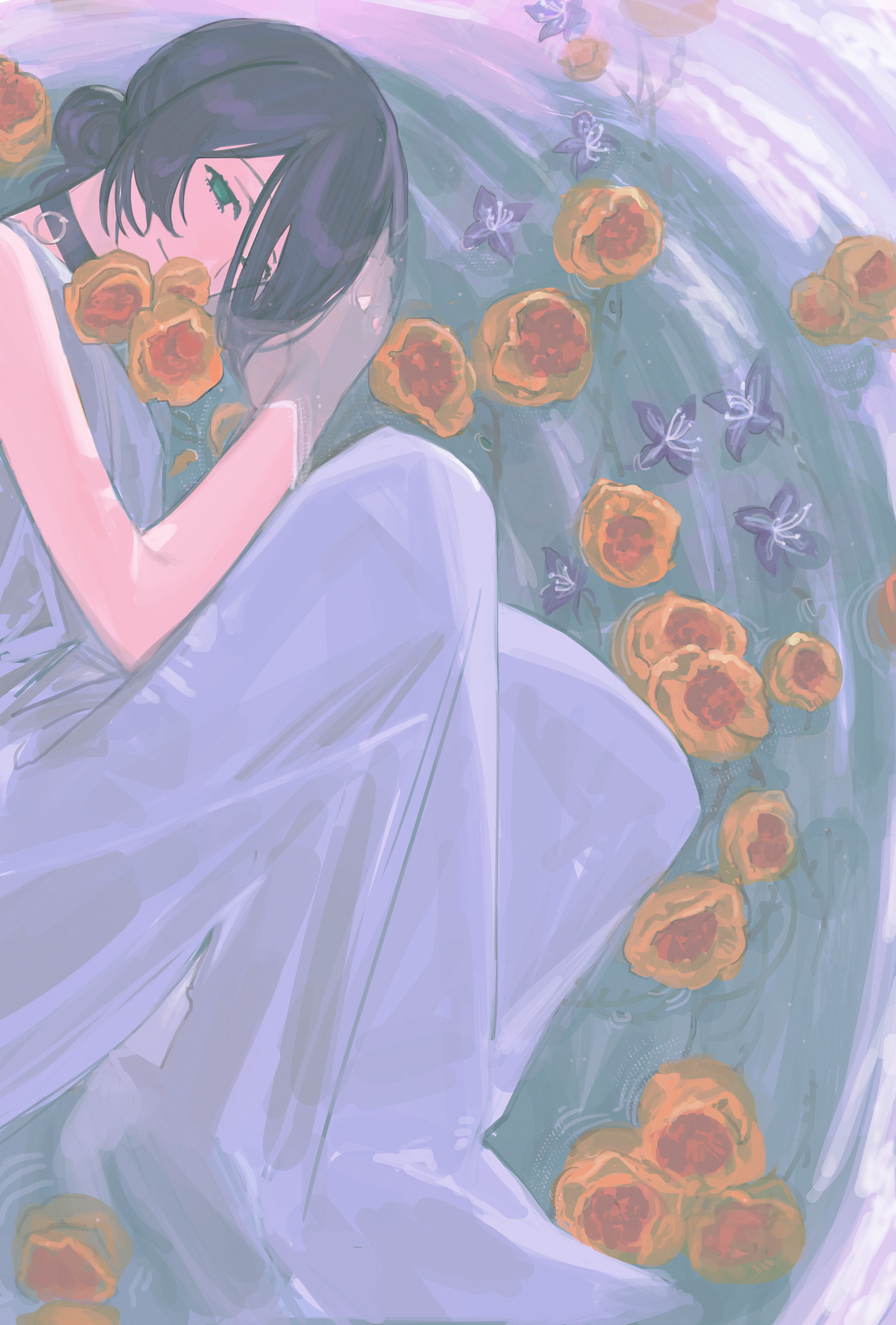 yuishironeko, reze (chainsaw man), chainsaw man, absurdres, highres, 1girl, black choker, black hair, choker, closed mouth, dress, flower, green eyes, grenade pin, grey dress, hair bun, looking at viewer, lying, on side, solo, water, yellow flower