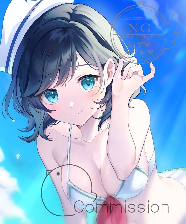 torimarururu, murasa minamitsu, touhou, commission, skeb commission, 1girl, adjusting hair, bent over, bikini, black hair, blue eyes, blue sky, bow, breasts, cleavage, hat, large breasts, outdoors, pink nails, red bow, sailor hat, short hair, skirt, sky, smile, solo, swimsuit, upper body, wet, wet hair, white bikini, white hair, white skirt