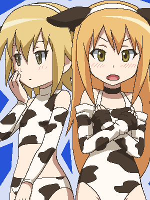 awa, aihara kazumi, koizumi chika, kyou no go no ni, lowres, 00s, 2girls, animal costume, animal print, bare shoulders, blonde hair, blush, choker, covering privates, cow costume, cow girl, cow print, cowsuit, flat chest, hairband, jaggy lines, long hair, midriff, multiple girls, oekaki, open mouth, short hair, yellow eyes
