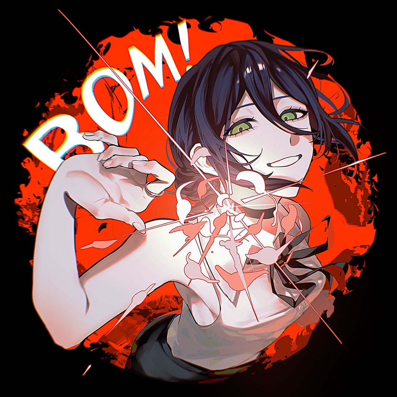owomo, reze (chainsaw man), chainsaw man, highres, 1girl, black choker, black hair, black ribbon, choker, green eyes, grenade pin, grin, hair between eyes, imminent explosion, looking at viewer, neck ribbon, ribbon, shirt, sleeveless, sleeveless shirt, smile, solo, teeth, white shirt