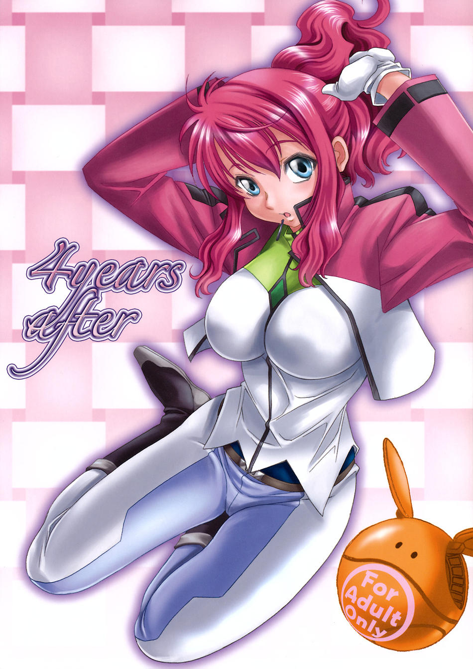 feldt grace, haro, gundam, gundam 00, highres, 00s, 1girl, adjusting hair, belt, blue eyes, boots, breasts, female focus, floating, gloves, hair ornament, hairpin, jacket, large breasts, pants, pink hair, ponytail, solo