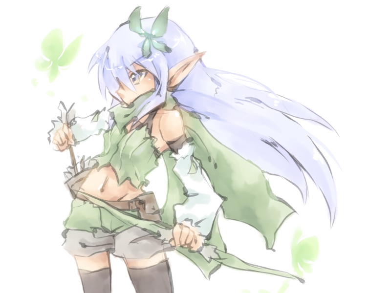 lunaraven, ranger (ragnarok online), ragnarok online, commentary request, 1girl, arrow (projectile), black thighhighs, blue eyes, blue hair, bow (weapon), bra strap, bug, butterfly, butterfly hair ornament, cowboy shot, detached sleeves, flat chest, green butterfly, green shorts, green skirt, green tube top, hair ornament, holding, holding arrow, holding bow (weapon), holding weapon, insect, long hair, looking afar, midriff, navel, pointy ears, shorts, simple background, skirt, solo, strapless, thighhighs, tube top, weapon, white background, white sleeves