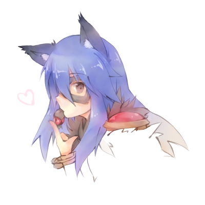 lunaraven, goinkyo, sorcerer (ragnarok online), ragnarok online, commentary request, lowres, 1girl, animal ears, blue hair, cat ears, cat girl, closed mouth, eye mask, fur collar, hair between eyes, heart, long bangs, long hair, looking at viewer, portrait, purple eyes, simple background, solo, white background
