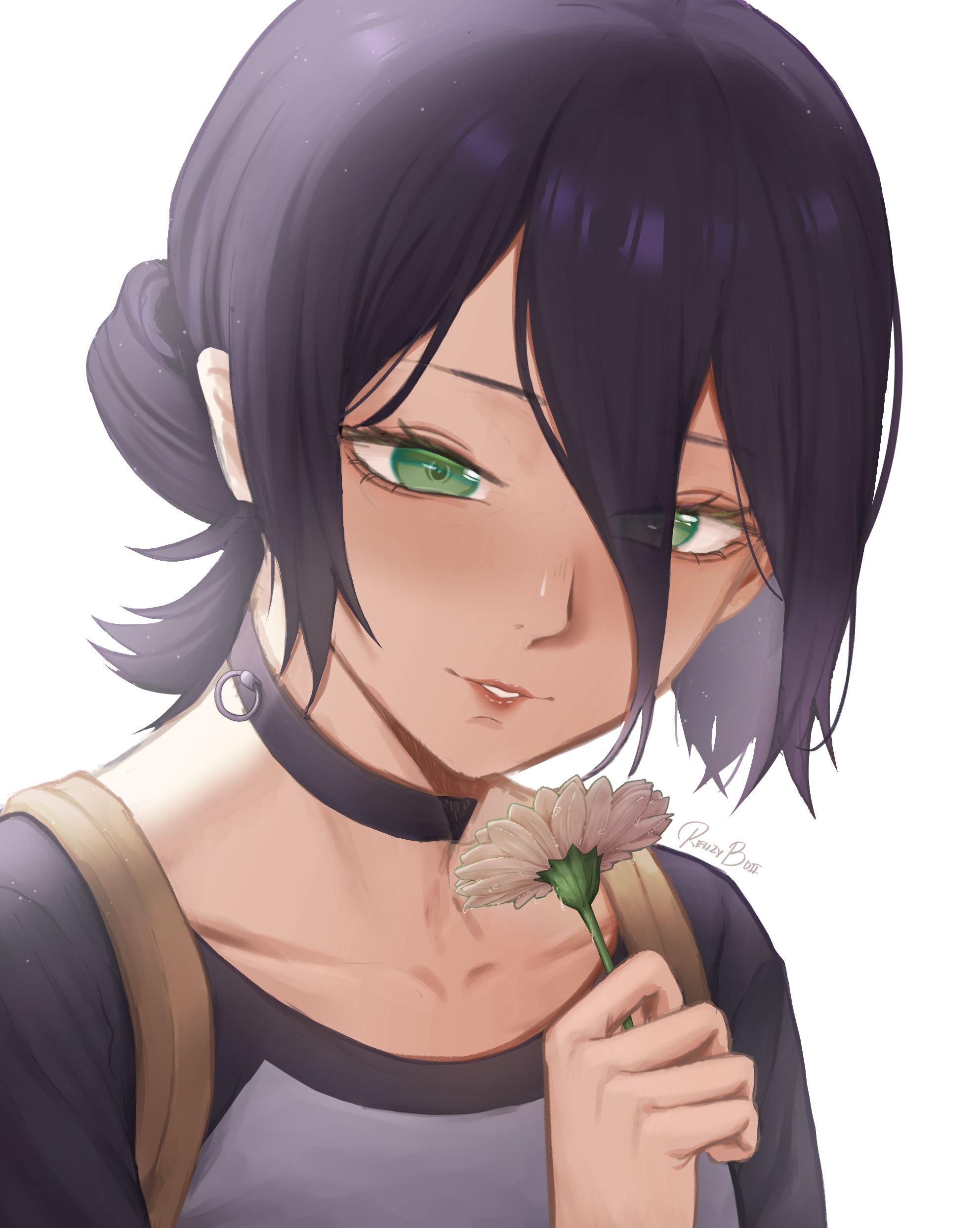 mark renz purio, reze (chainsaw man), chainsaw man, absurdres, highres, 1girl, black choker, black hair, choker, flower, green eyes, hair bun, holding, holding flower, simple background, solo, white background, white flower