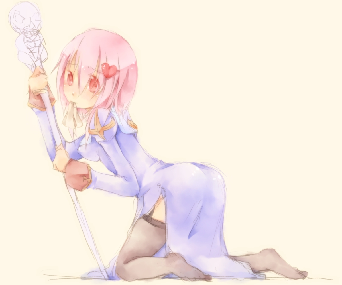 lunaraven, priest (ragnarok online), ragnarok online, commentary request, 1girl, ass, blush, breasts, closed mouth, dress, full body, garter straps, grey thighhighs, hair ornament, handkerchief, handkerchief biting, heart, heart hair ornament, holding, holding staff, juliet sleeves, long sleeves, looking at viewer, looking to the side, medium breasts, medium hair, no shoes, pink hair, puffy sleeves, purple dress, red eyes, side slit, simple background, solo, staff, thighhighs, yellow background