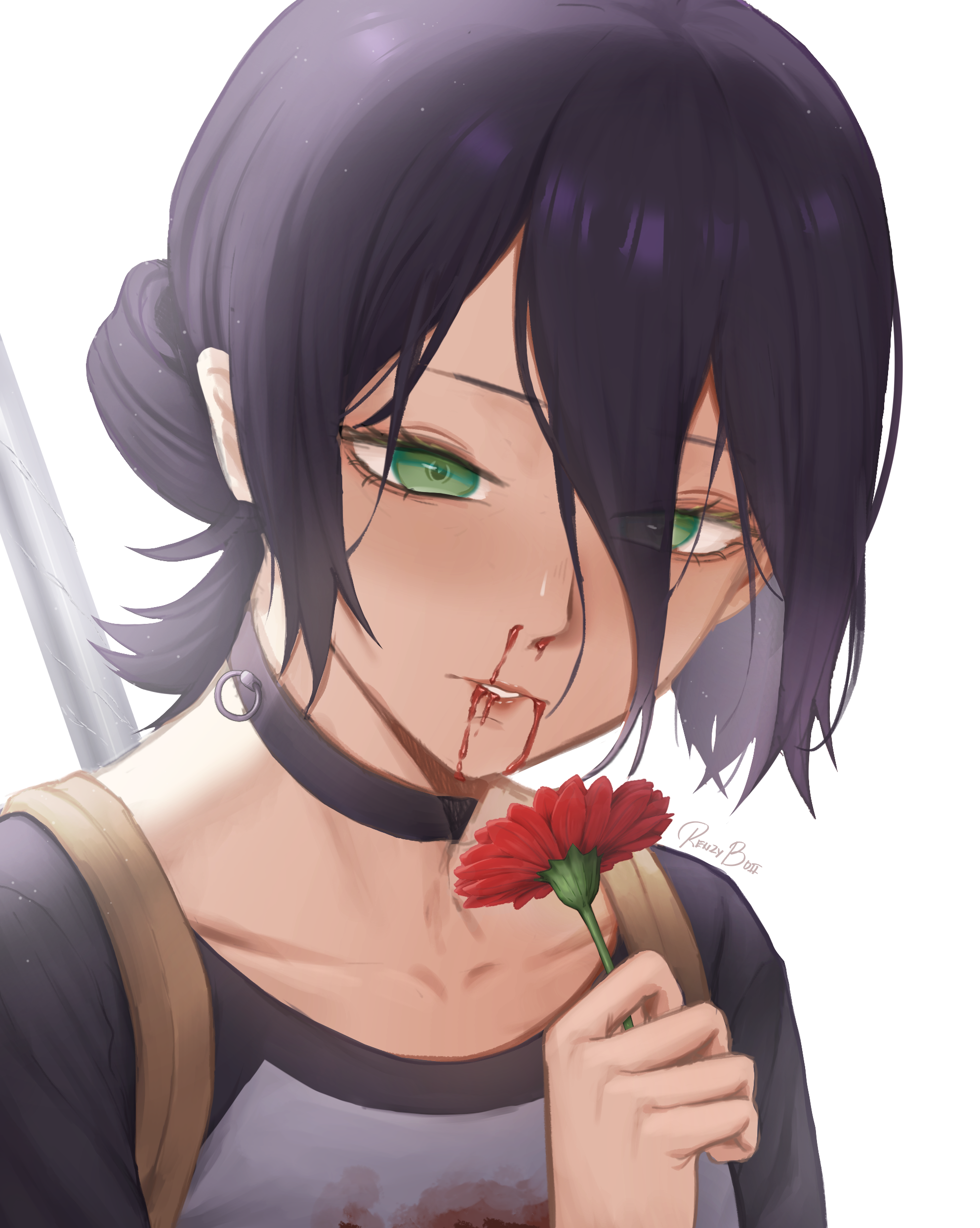 mark renz purio, reze (chainsaw man), chainsaw man, absurdres, highres, 1girl, black choker, black hair, blood, blood from mouth, blood on clothes, choker, flower, green eyes, hair bun, holding, holding flower, implied injury, nosebleed, polearm, red flower, simple background, solo, spear, weapon, white background