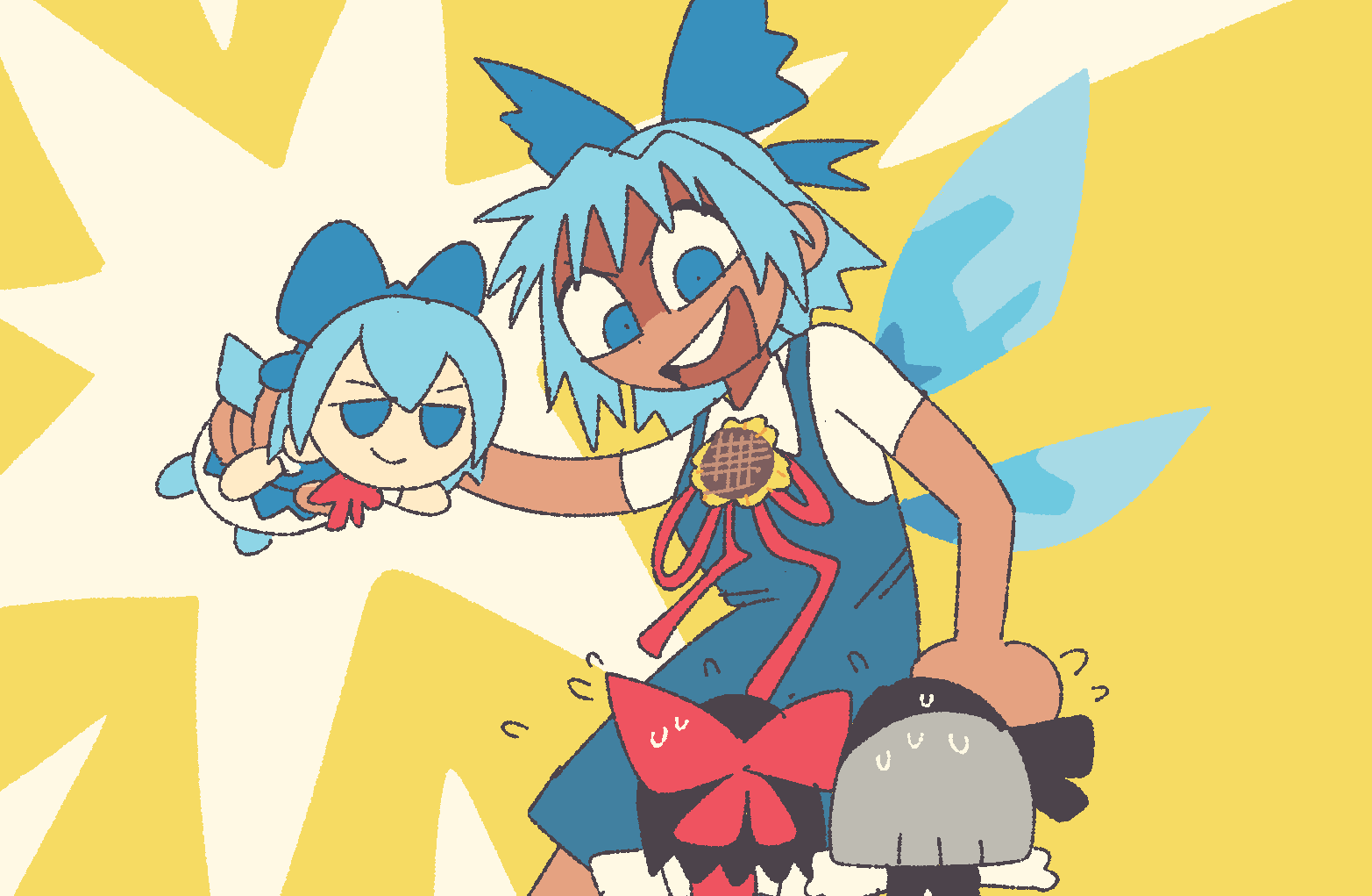 farfinfarfin, cirno, hakurei reimu, konpaku youmu, tanned cirno, touhou, 4girls, black hair, blue dress, blue eyes, blue hair, bow, dress, dual persona, flying sweatdrops, fumo (doll), grey hair, hair bow, multiple girls, red bow, shirt, sweat, t-shirt, tan