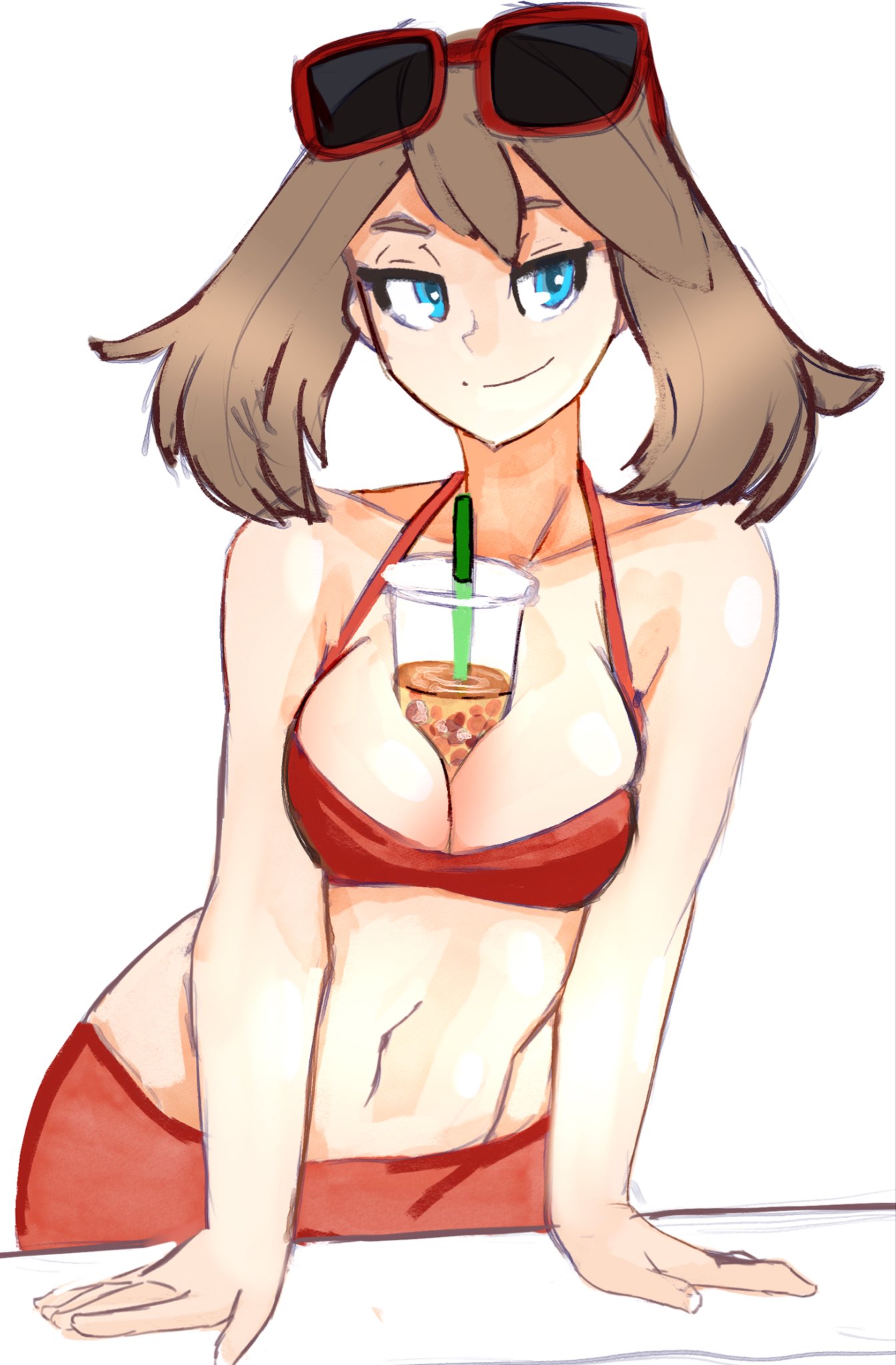 blysill, may (pokemon), nintendo, pokemon, pokemon rse, highres, 1girl, bare shoulders, between breasts, bikini, blue eyes, breasts, brown hair, bubble tea, bubble tea challenge, cleavage, closed mouth, collarbone, drinking straw, eyewear on head, large breasts, long hair, looking at viewer, navel, object on breast, red bikini, simple background, smile, solo, stomach, sunglasses, swimsuit, white background