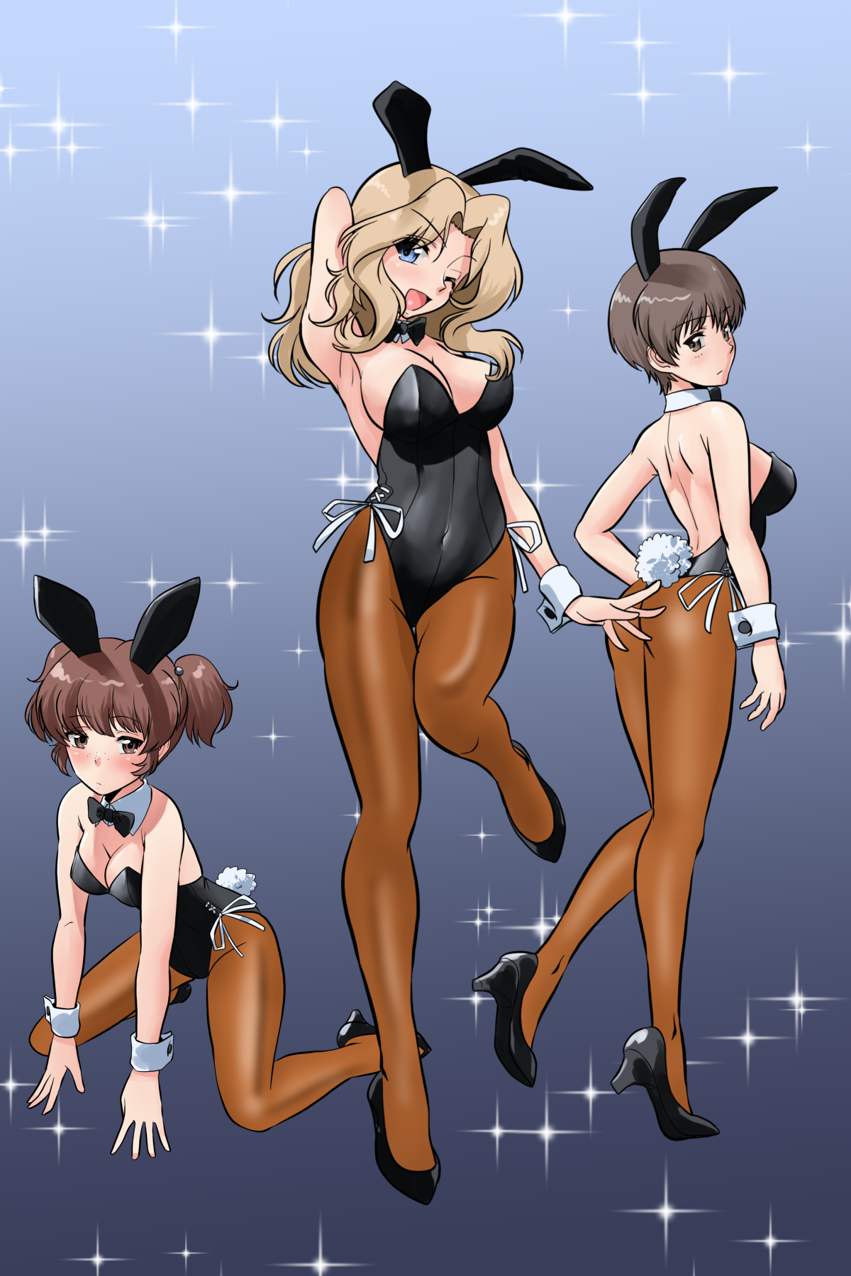 matsui yasutsugu, alisa (girls und panzer), kay (girls und panzer), naomi (girls und panzer), girls und panzer, highres, 3girls, alternate costume, animal ears, black bow, black leotard, black pantyhose, black shoes, blonde hair, blue background, blue eyes, bow, breasts, brown eyes, brown hair, fake animal ears, full body, large breasts, leotard, long hair, looking at viewer, medium breasts, multiple girls, navel, one eye closed, pantyhose, playboy bunny, rabbit ears, rabbit girl, rabbit tail, shoes, short hair, simple background, sitting, standing, tail, thighhighs, wrist cuffs