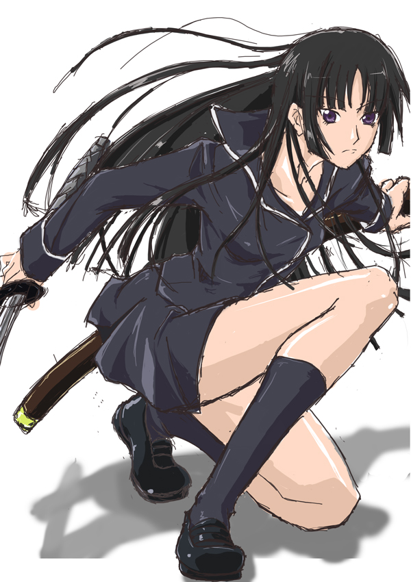 kyabakurabakufu, isayama yomi, ga-rei, ga-rei zero, bad id, bad pixiv id, 00s, 1girl, blunt bangs, female focus, hime cut, katana, kneehighs, long hair, purple eyes, school uniform, socks, solo, sword, weapon
