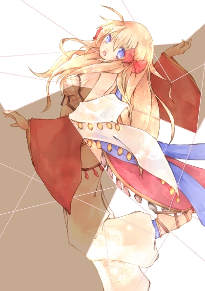 lunaraven, gypsy (ragnarok online), ragnarok online, commentary request, 1girl, bikini, blue eyes, blush, bow, breasts, brown sandals, detached sleeves, foot out of frame, hair between eyes, hair bow, harem pants, jewelry, long hair, looking at viewer, open mouth, pants, red bow, red sleeves, sandals, see-through clothes, sequins, shawl, small breasts, solo, swimsuit, white background, white pants, yellow bikini