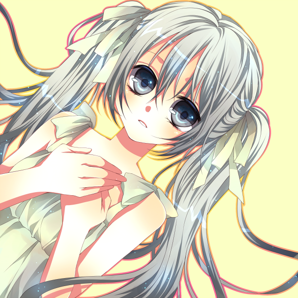 tsukioka tsukiho, hatsune miku, vocaloid, silver hair, bad id, bad pixiv id, grey eyes, hair ribbon, long hair, ribbon, solo, twintails