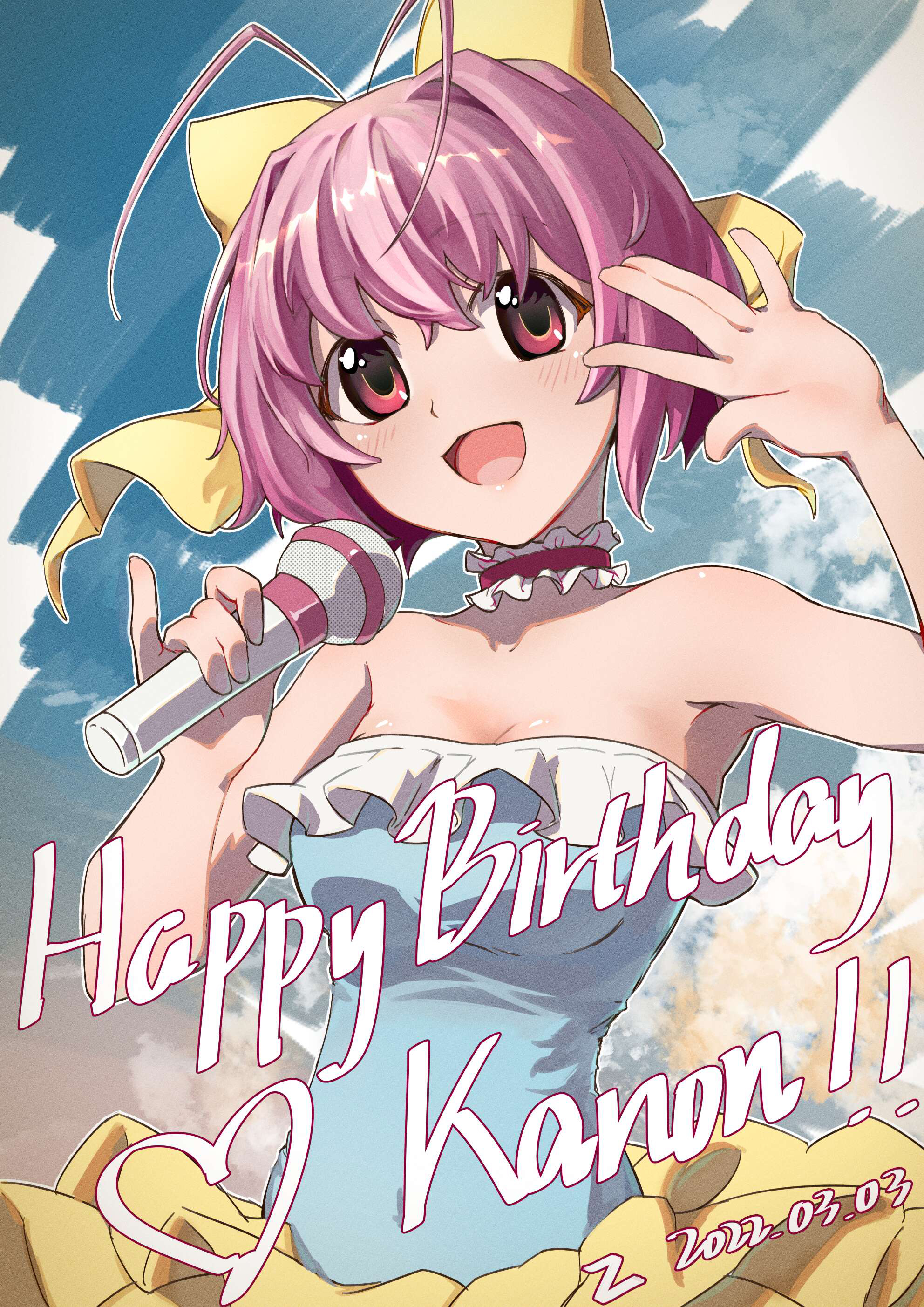 kuon iki, nakagawa kanon, kami nomi zo shiru sekai, absurdres, commentary request, highres, 1girl, :d, ||/, antenna hair, armpits, bare arms, bare shoulders, blue sky, blue tube top, blush, bow, breasts, brush stroke, character name, choker, cleavage, collarbone, dated, frilled choker, frilled skirt, frilled tube top, frills, hair bow, hair intakes, hands up, happy birthday, head tilt, heart, holding, holding microphone, large bow, looking at viewer, medium breasts, microphone, music, open mouth, outdoors, pink choker, pink hair, pinky out, red eyes, short hair, singing, skirt, sky, smile, solo, strapless, tube top, upper body, yellow bow, yellow skirt