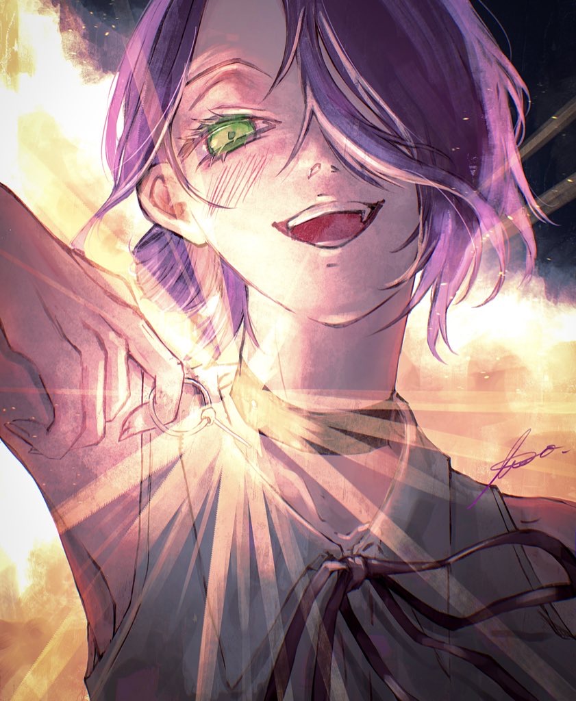 beco (karikaribaconchan), reze (chainsaw man), chainsaw man, 1girl, black choker, black ribbon, choker, collared shirt, green eyes, grenade pin, grey shirt, hair bun, neck ribbon, open mouth, ribbon, shirt, sleeveless, sleeveless shirt, solo, teeth
