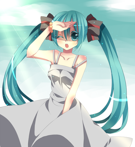 tsukioka tsukiho, hatsune miku, vocaloid, bad id, bad pixiv id, aqua eyes, aqua hair, dress, hair ribbon, long hair, one eye closed, ribbon, solo, twintails, wink