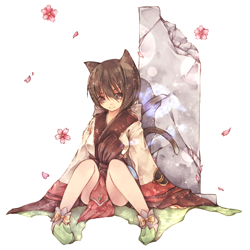 lunaraven, soul linker (ragnarok online), ragnarok online, commentary request, 1girl, animal ears, breasts, brown eyes, brown hair, brown shirt, cat ears, cat girl, cat tail, closed mouth, flower, full body, green shoes, hair between eyes, hanbok, korean clothes, long bangs, long sleeves, looking at viewer, medium breasts, multiple tails, pelvic curtain, pink flower, red skirt, shirt, shoes, short hair, simple background, sitting, skirt, smile, solo, tail, two tails, white background