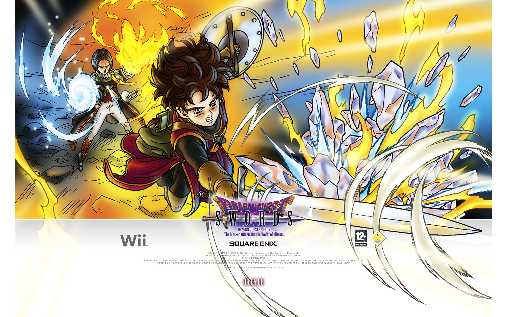 toriyama akira, dean (dq swords), hero (dq swords), dragon quest, dragon quest swords, highres, official art, official wallpaper, 2boys, multiple boys, shield, sword, weapon