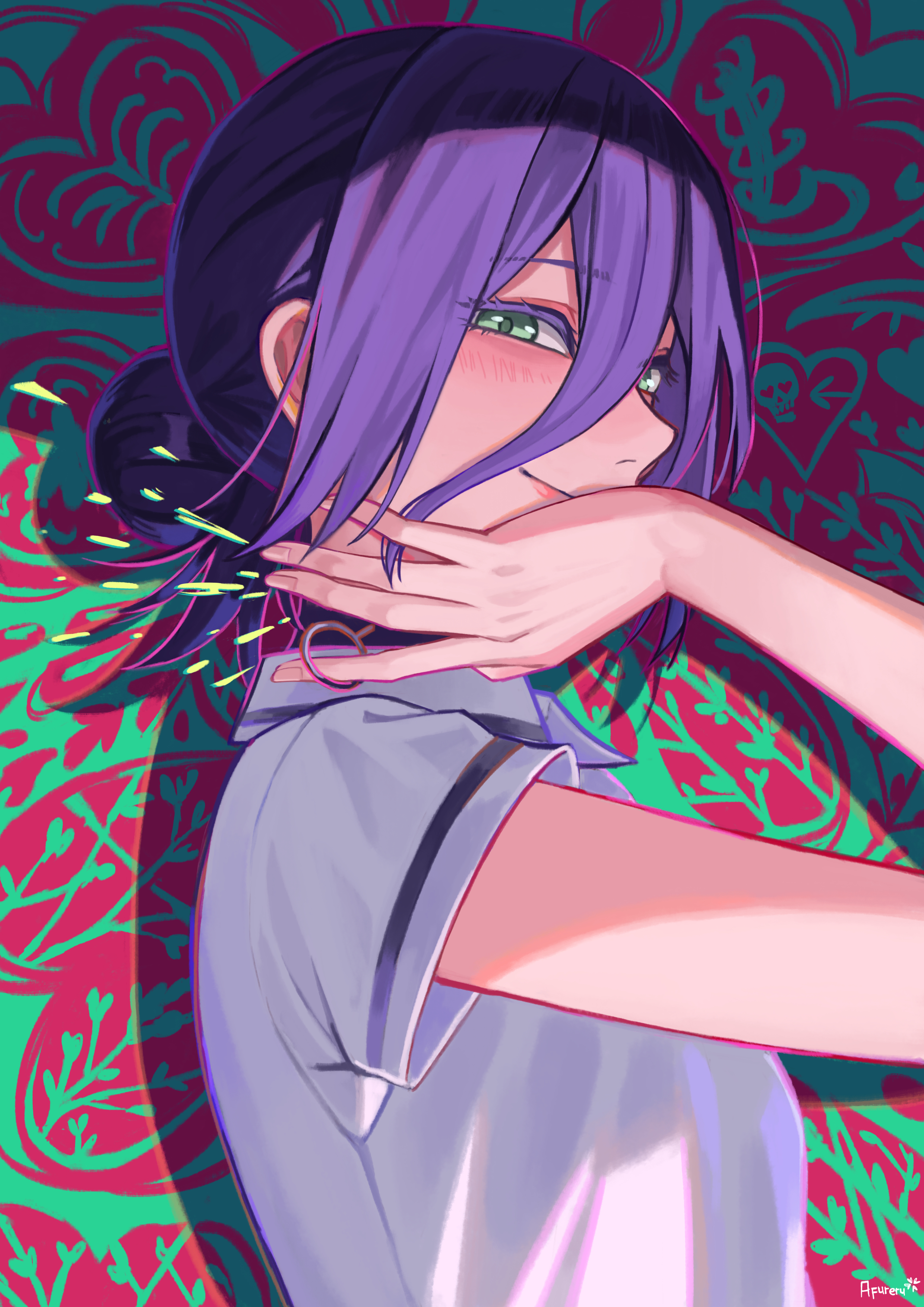 afureru colors, reze (chainsaw man), chainsaw man, absurdres, highres, 1girl, black choker, choker, closed mouth, green eyes, grenade pin, grey shirt, hair between eyes, hair bun, polo shirt, purple hair, shirt, solo