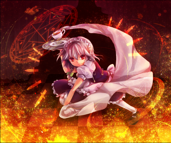 kirero, izayoi sakuya, touhou, silver hair, 1girl, female focus, hairband, knife, magic circle, maid, red eyes, ribbon, short hair, solo, tea