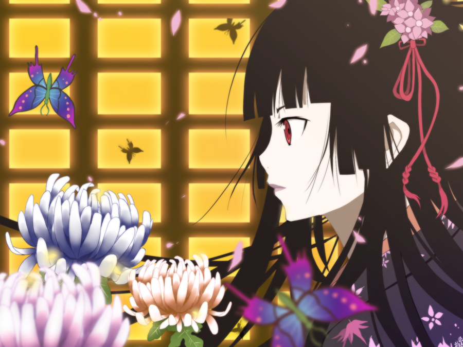 nauribon, enma ai, jigoku shoujo, looking away, bad id, bad pixiv id, 00s, 1girl, black hair, blunt bangs, blurry, bug, butterfly, chrysanthemum, depth of field, expressionless, female focus, flower, hair flower, hair ornament, hime cut, insect, lips, long hair, petals, profile, red eyes, solo, upper body