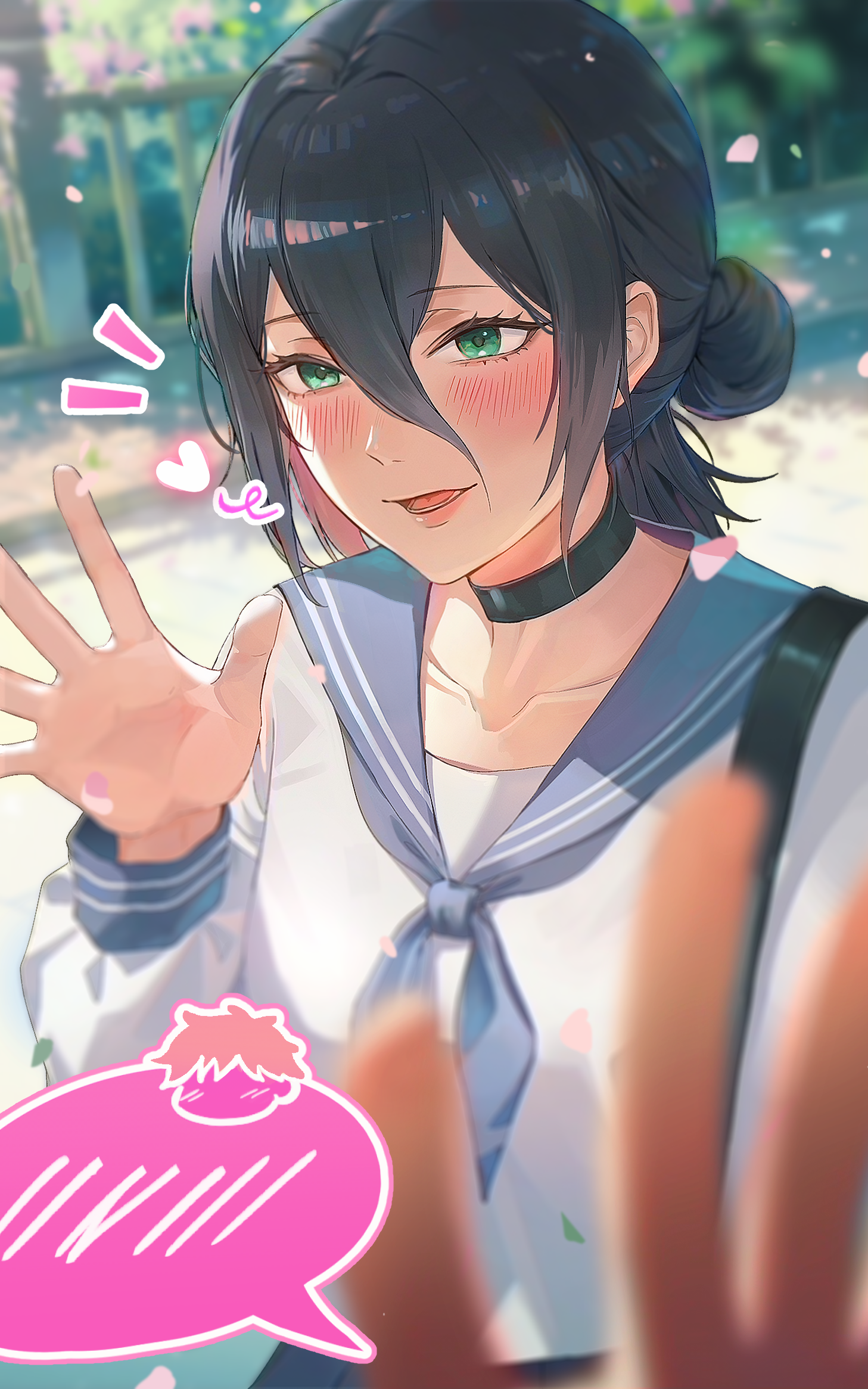 chagok yun, denji (chainsaw man), reze (chainsaw man), chainsaw man, highres, 1boy, 1girl, black choker, black hair, blue sailor collar, blurry, blurry foreground, choker, green eyes, hair between eyes, hair bun, heart, notice lines, open mouth, sailor collar, school uniform, serafuku, shirt, speech bubble, spoken blush, waving, white shirt