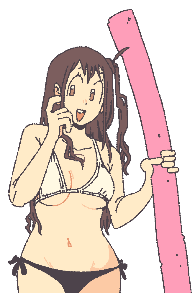 farfinfarfin, original, commentary, 1girl, bikini, black bikini, breasts, brown eyes, brown hair, medium breasts, mismatched bikini, navel, no sclera, one side up, open mouth, pool noodle, side-tie bikini bottom, smile, solo, swimsuit, underboob, upper body, white bikini