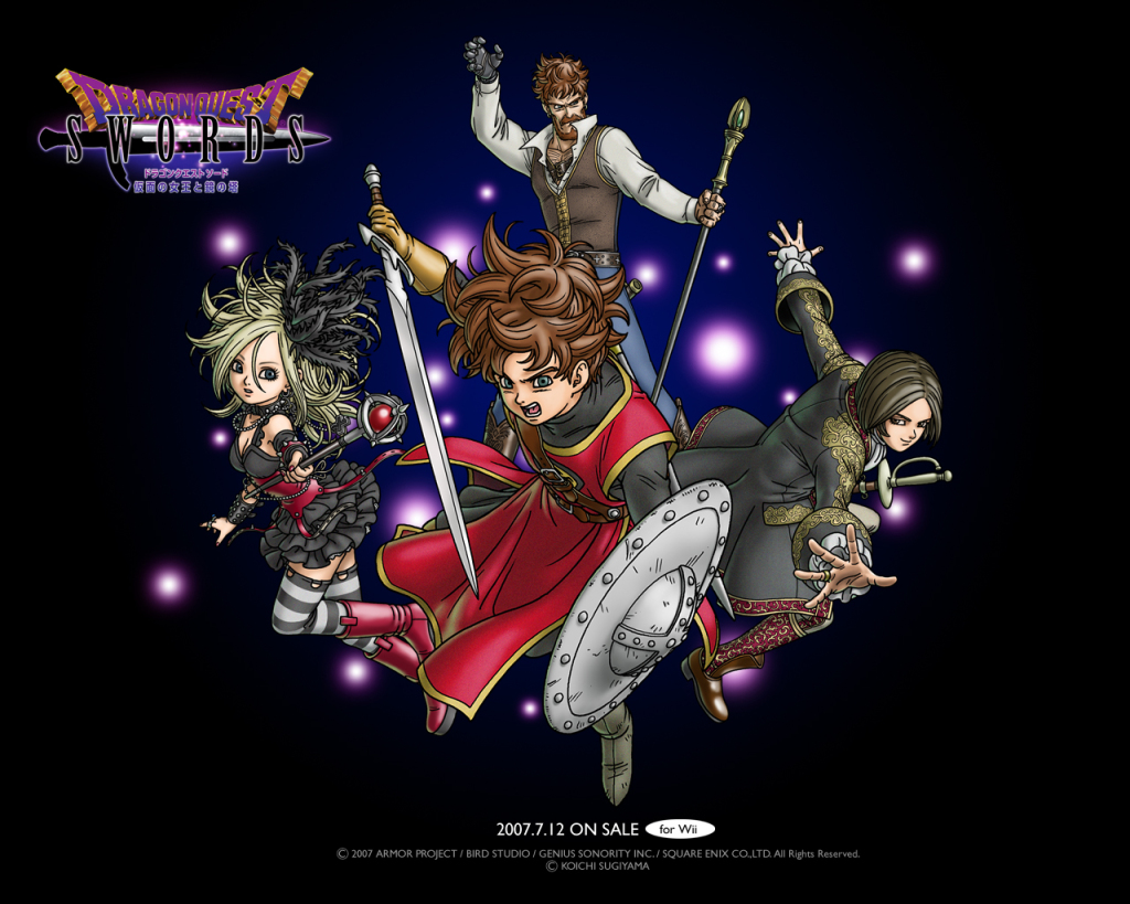 toriyama akira, baud, dean (dq swords), hero (dq swords), setia, dragon quest, dragon quest swords, official art, official wallpaper, 1girl, 3boys, feather hair ornament, feathers, hair ornament, multiple boys, nail polish, shield, striped clothes, striped thighhighs, sword, thighhighs, weapon