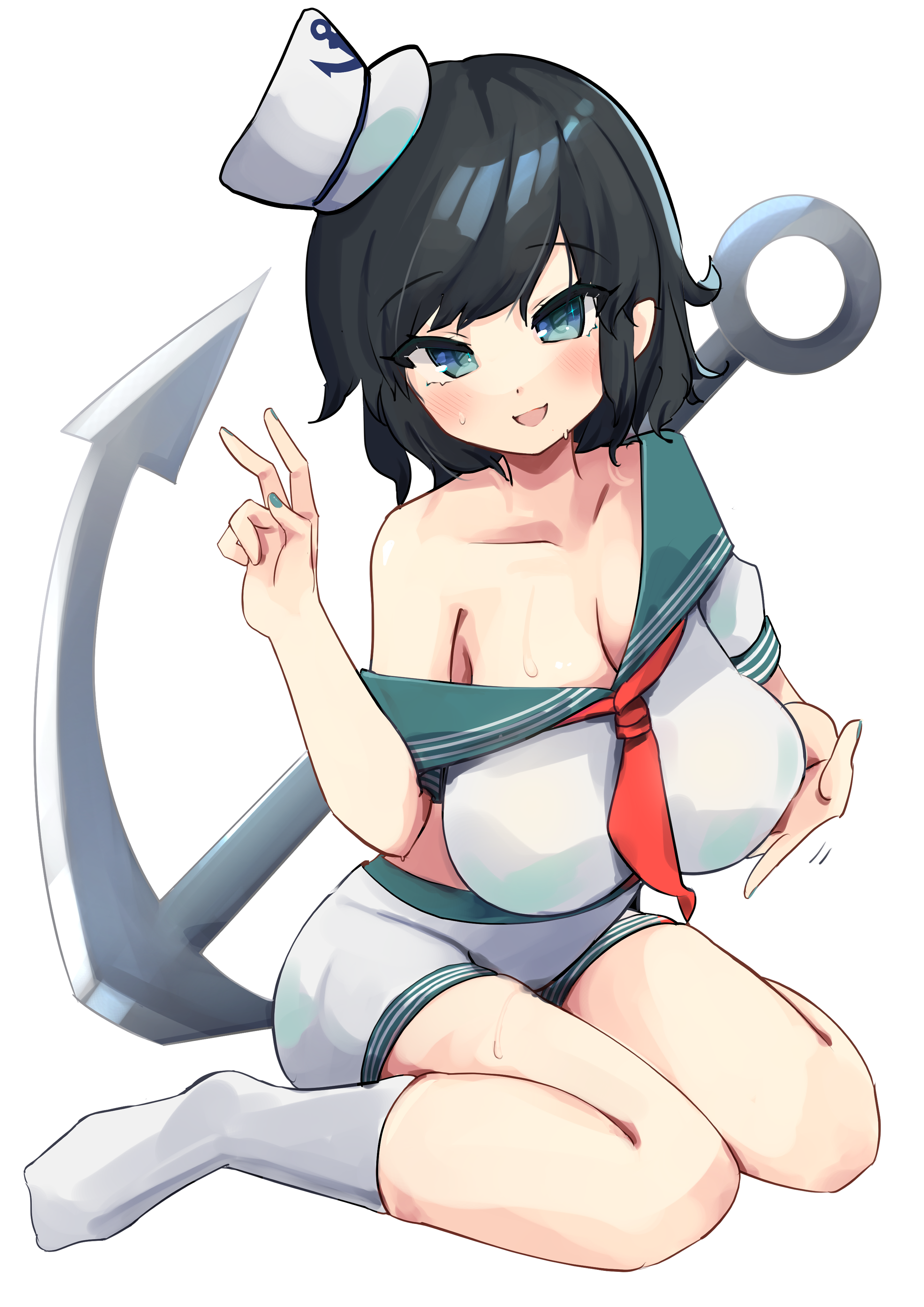 shinonome zakuro, murasa minamitsu, touhou, absurdres, highres, 1girl, anchor, anchor symbol, blue eyes, blush, breasts, cleavage, collared shirt, full body, grabbing own breast, green nails, hat, large breasts, looking at viewer, medium hair, midriff, mini hat, neckerchief, off shoulder, red neckerchief, shirt, short sleeves, shorts, sitting, socks, solo, sweat, v, white background, white hat, white shirt, white shorts, white socks, yokozuwari